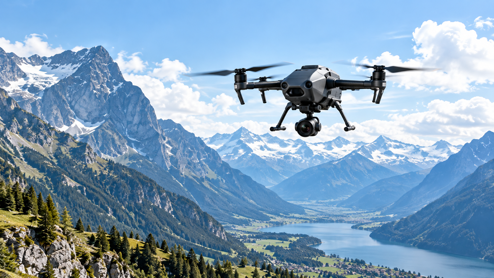 Professionelle Drohne im Flug über einer Berglandschaft