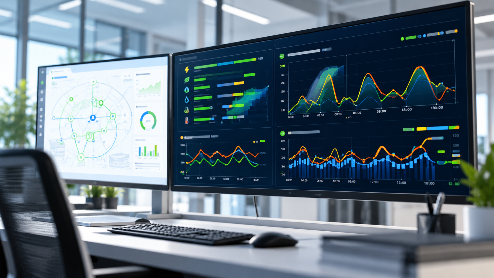 Monitore mit Energie- und Gebäudedaten in einem Büro